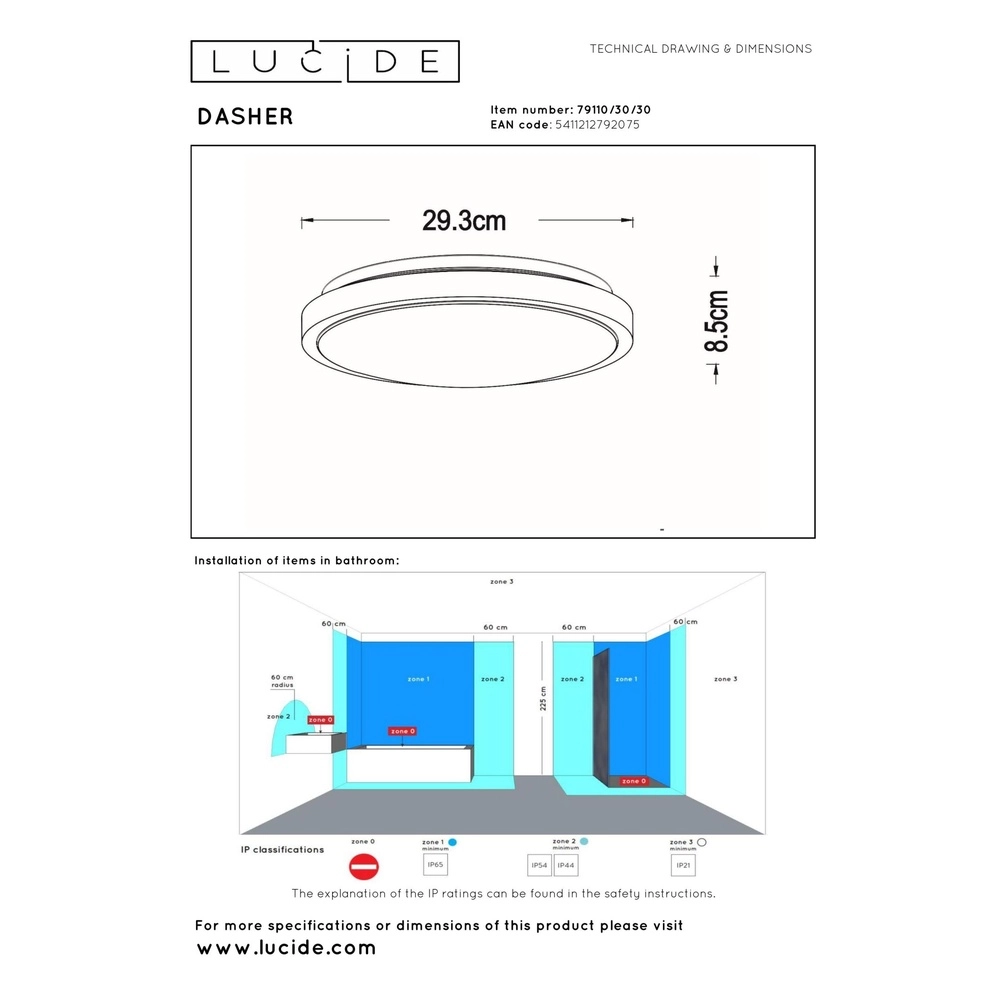 Zwarte plafonniere Dasher Ø 29,3cm IP44 voor badkamer Lucide 5411212792075