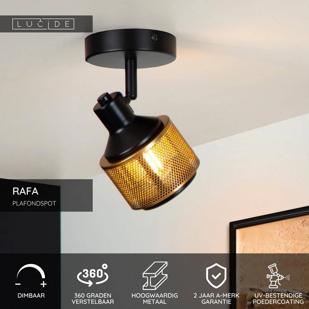 Plafondlamp Rafa zwart met koper Lucide 5411212771285