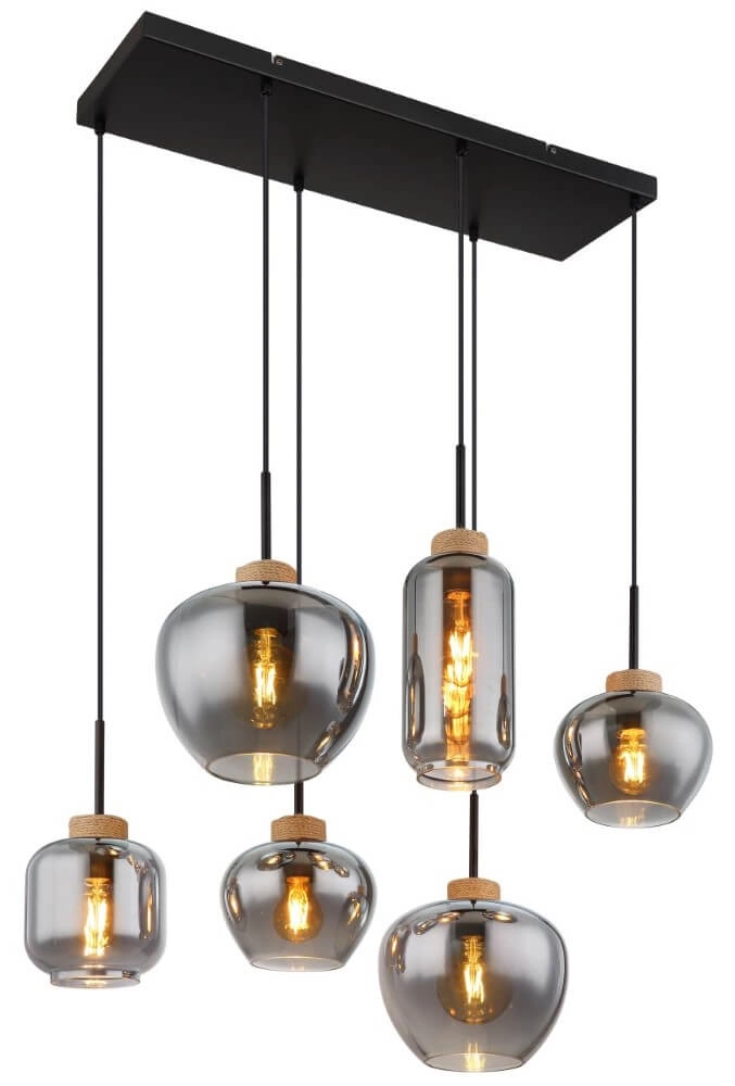 6-lichts hanglamp Matt zwart met hout