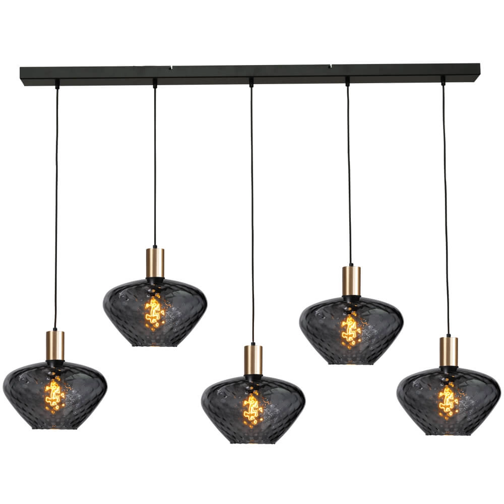 5-lichts hanglamp - goud - Porto met Blossom clear glazen