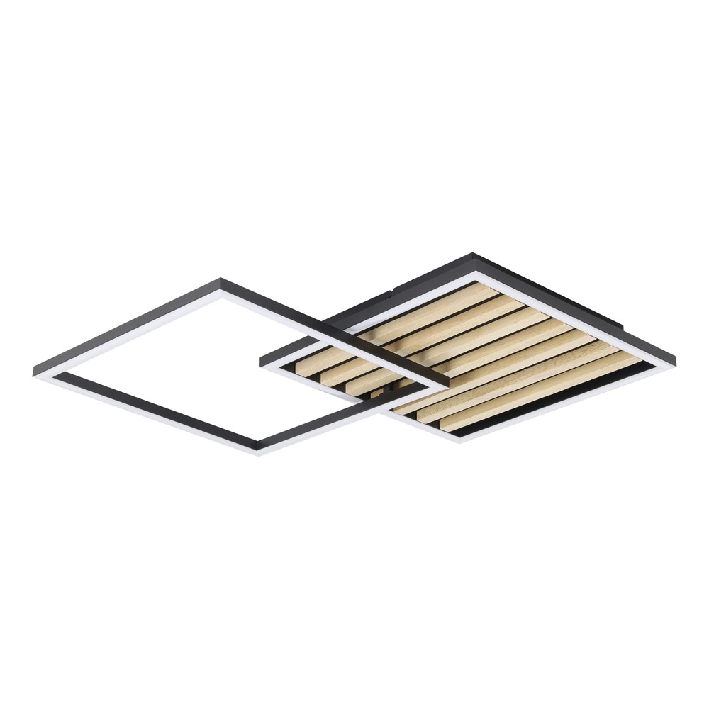 Moderne plafondlamp Cembrano zwart met hout vierkant 48,5 x 48,5 cm Eglo 9008606388226