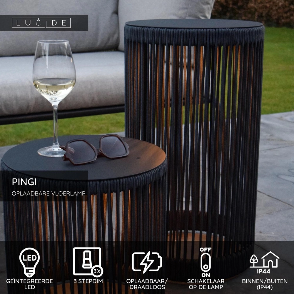 Oplaadbare vloerlamp Pingi zwart 61,5 x Ø 33,5cm Lucide 5411212061485