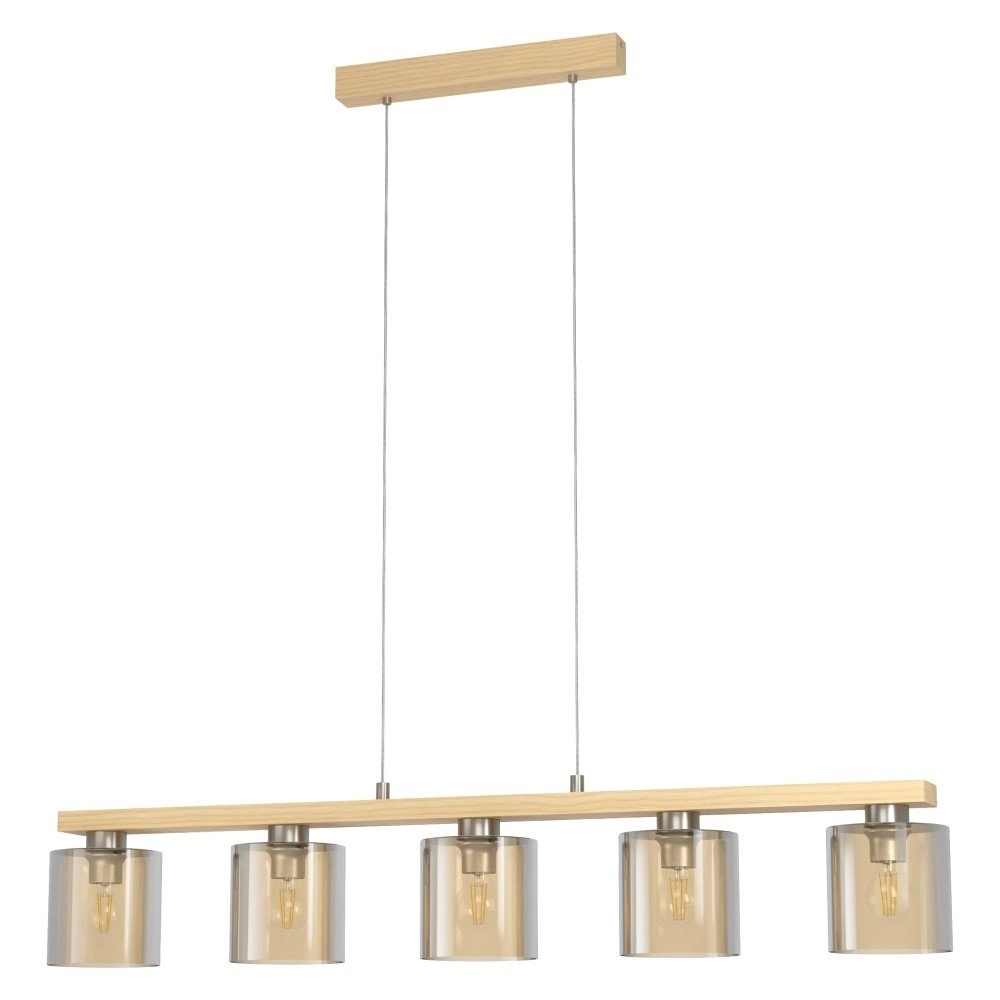 Eetkamer hanglamp Castralvo houtbruin met amber glas