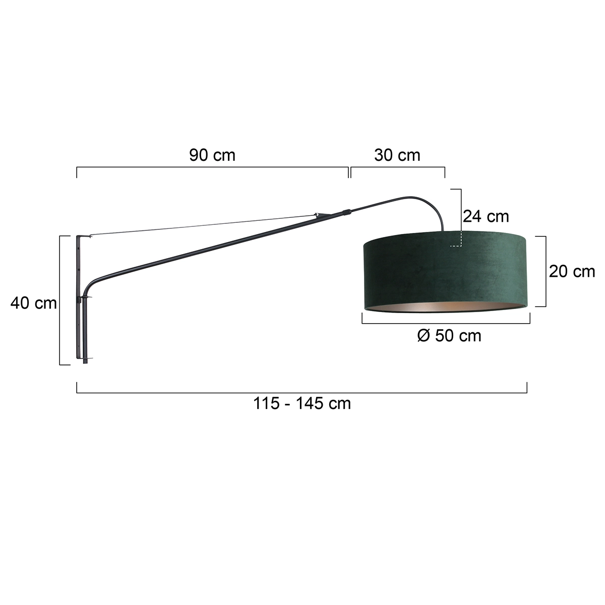Wandlamp Elegant Classy 50cm zwart met groen velourse kap Steinhauer 8712746146035