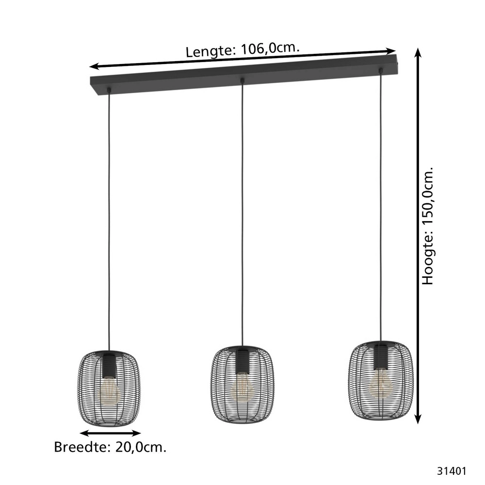 3-lichts draadlamp Derwen 3x E27 - Ø20cm - zwart Eglo 9002759314019