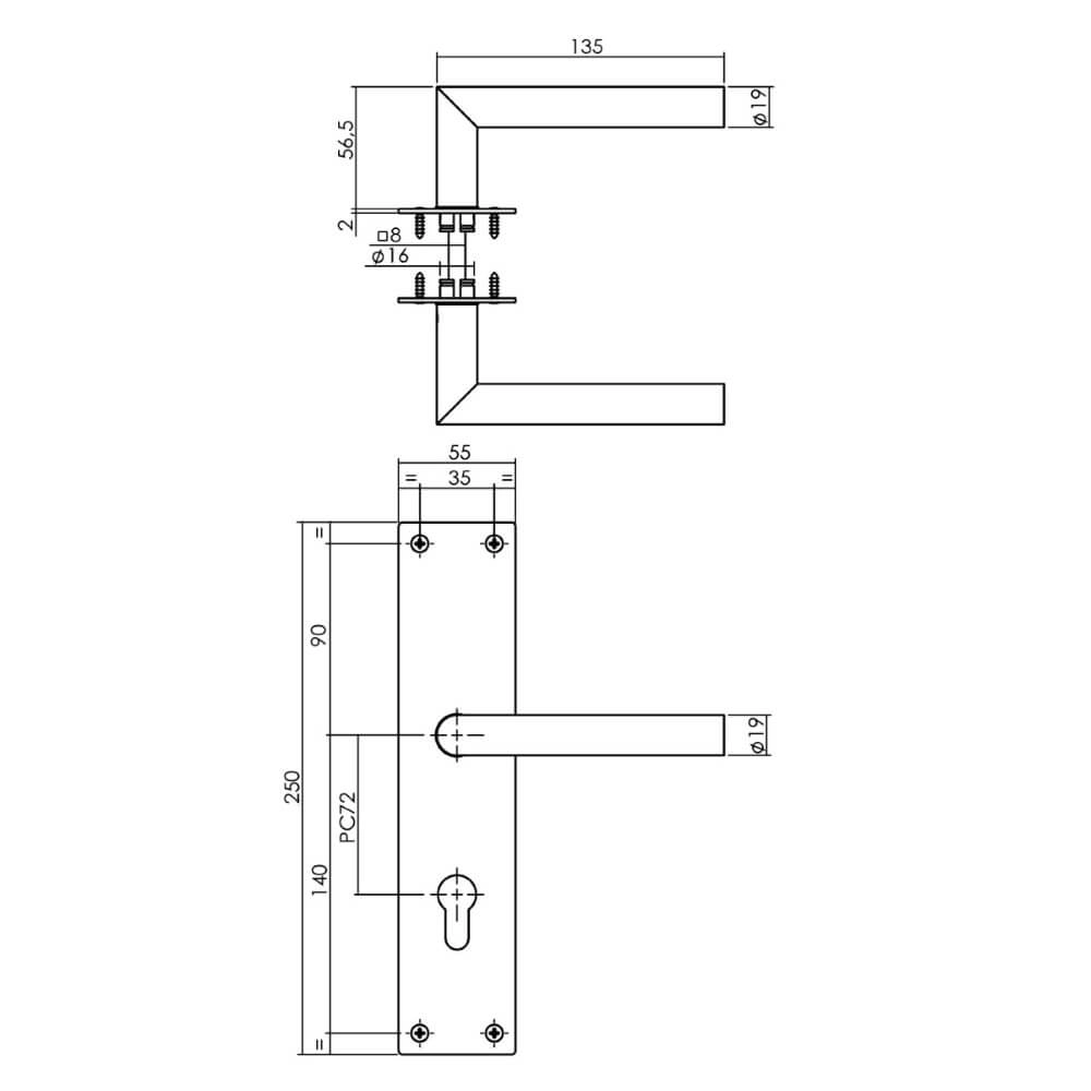 Strakke deurklink Jura cilindergat 72mm zwart Intersteel 8714186489611