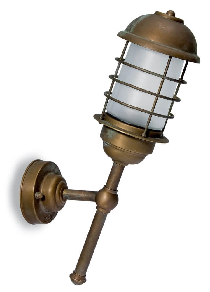 Messing buitenlamp Torcia schuin wit glas