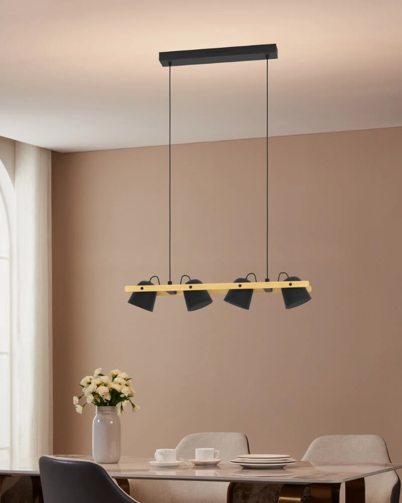 4-lichts hanglamp Hornwood-Z zwart met hout Eglo 9008606274291