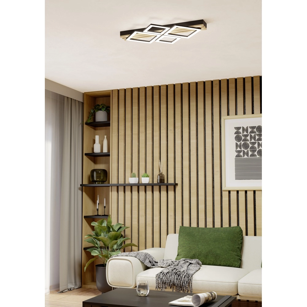 Moderne plafondlamp Cembrano zwart met hout vierkant 72cm Eglo 9008606388202