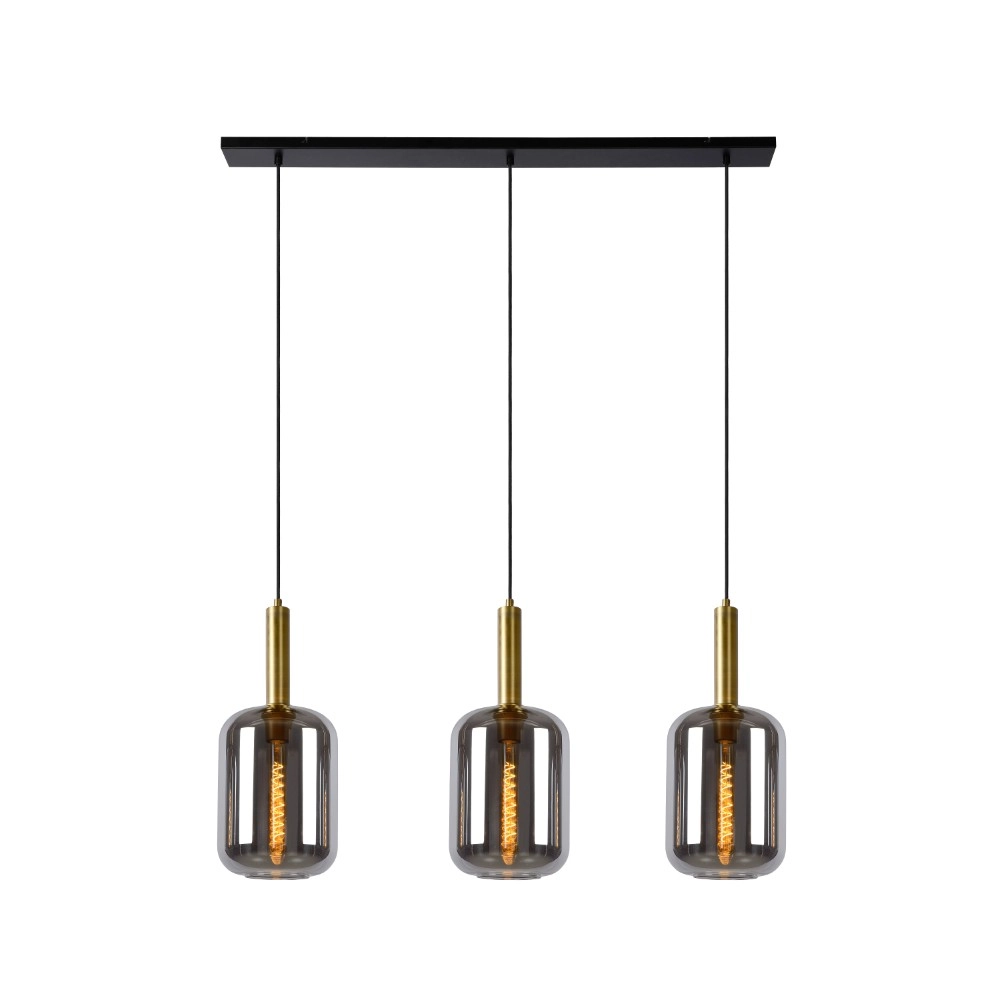 3-lichs hanglamp Joanet recht goud met smoke glas