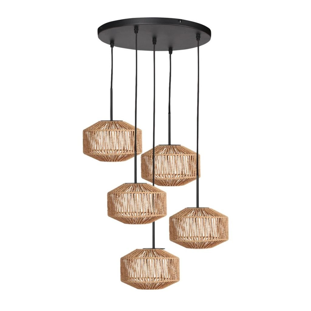 5-lichts hanglamp Ropex met rotan kappen Steinhauer 8712746183191