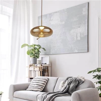 Hanglamp Glas Lisbon roodkoper met amber rondglas Searchlight 5053423188348