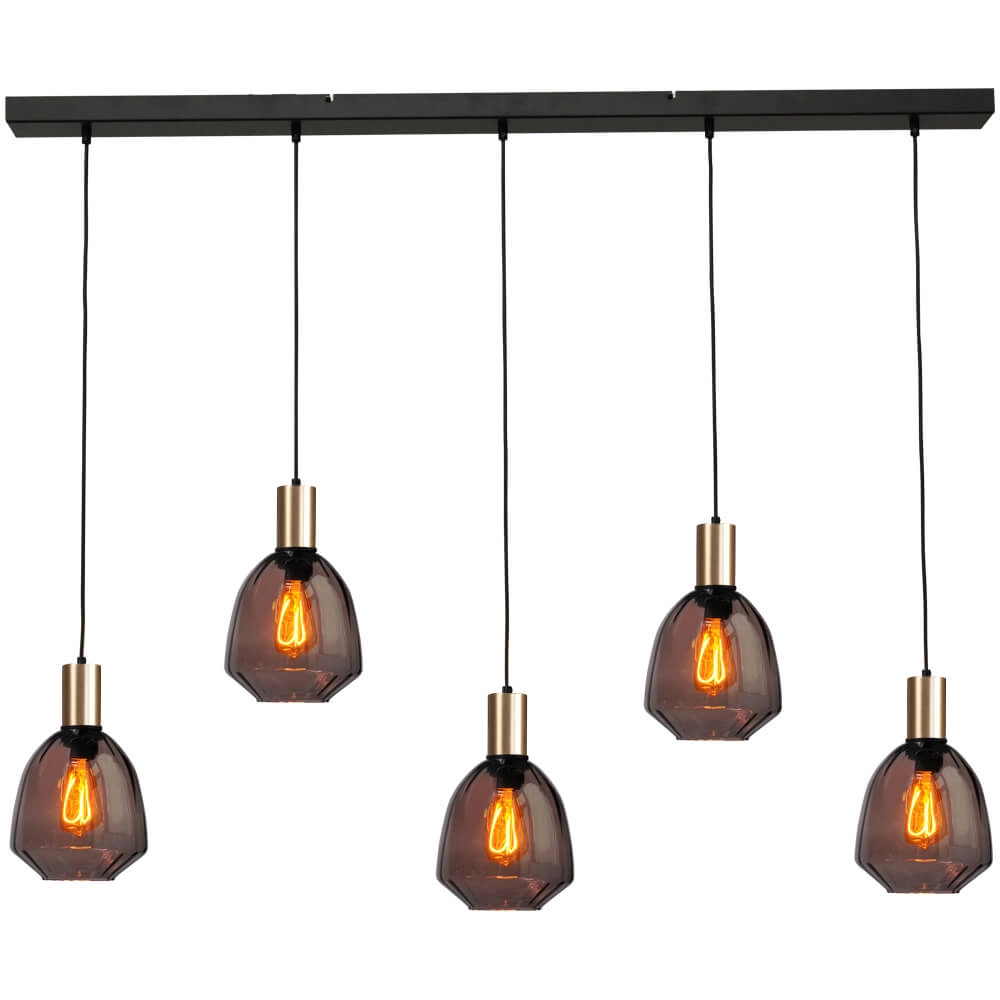 5-lichts hanglamp - goud - Porto met Nicolette red glazen