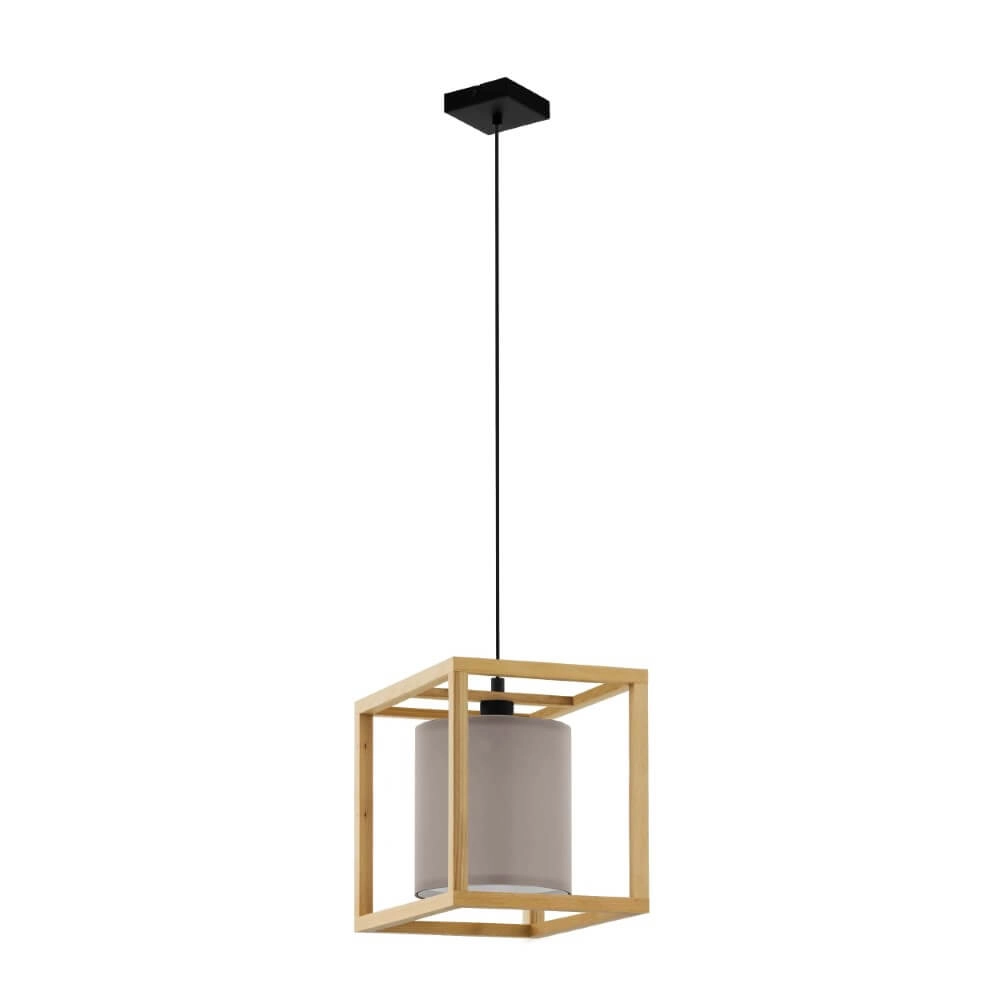 Houten hanglamp Granados met grijze kap