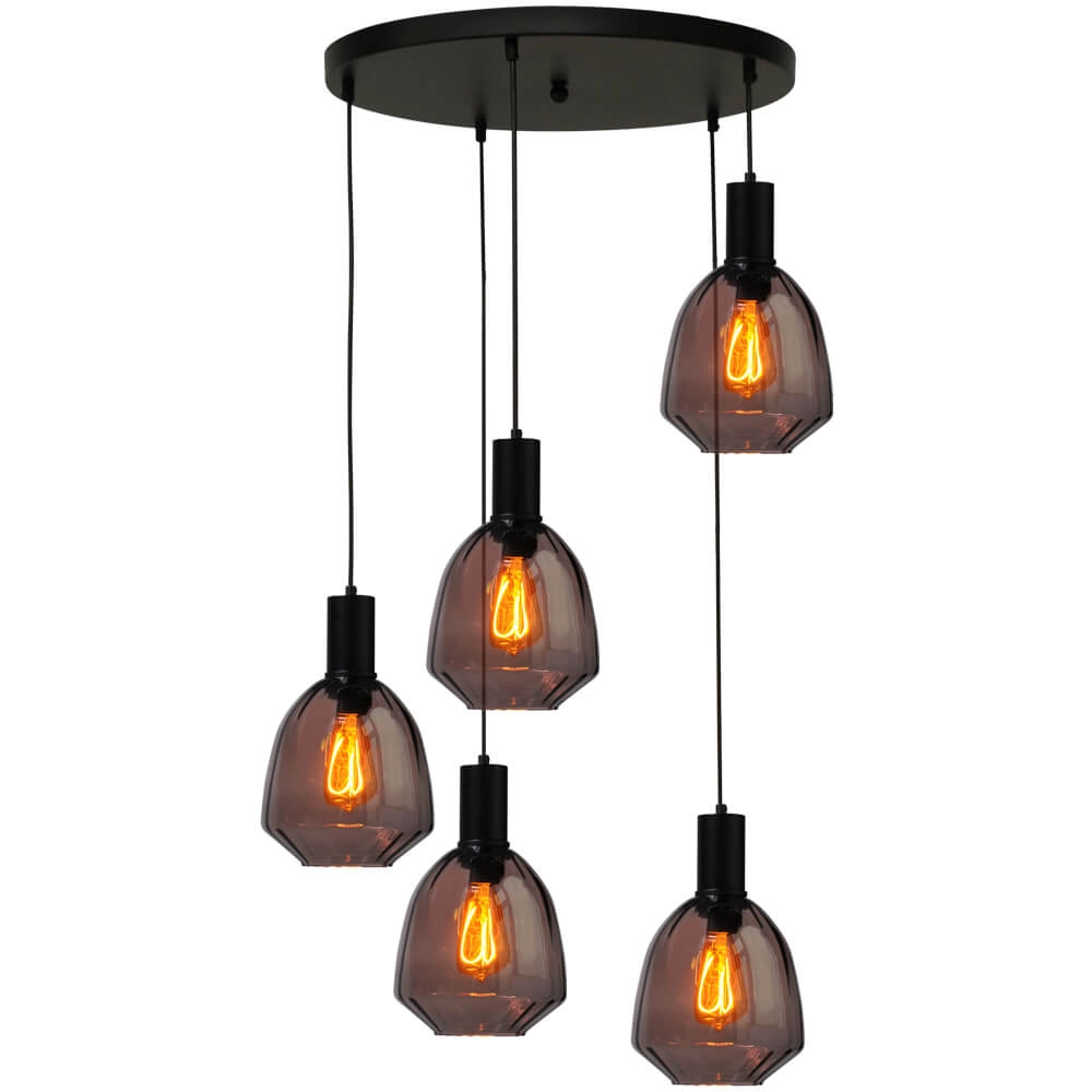 5-lichts vide hanglamp - zwart - Porto met Nicolette red glazen