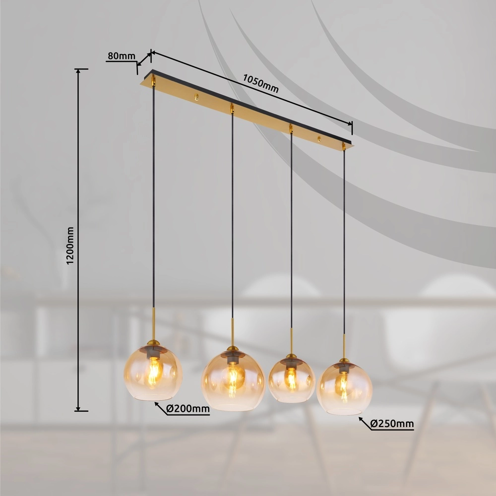 Gouden hanglamp Jamessa 4-lichts met amber glas Globo 9007371432691