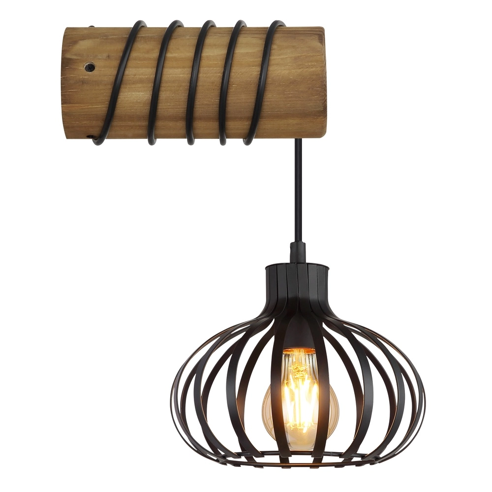 Landelijke wandlamp Caldwell zwart met hout Globo 9007371592586