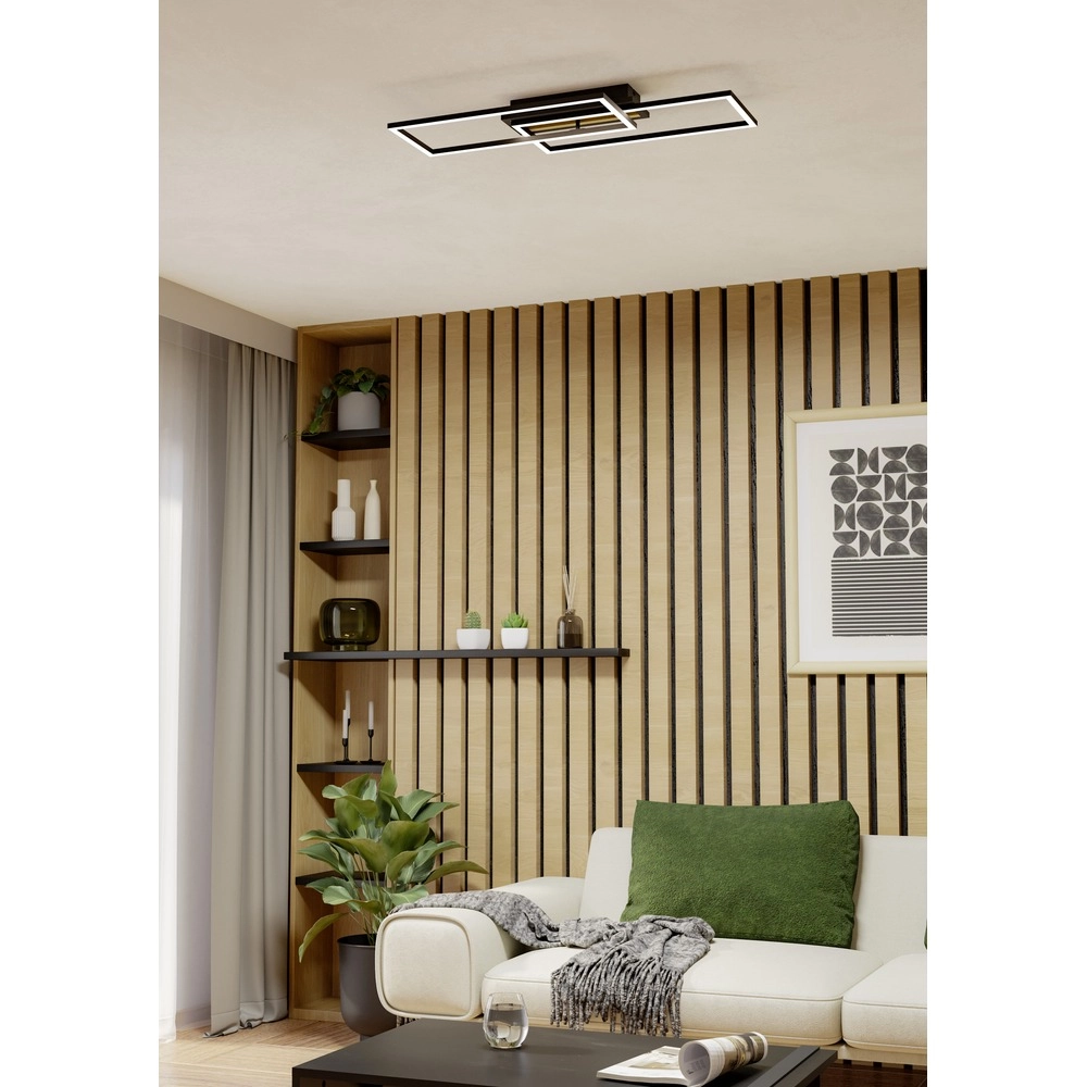 Moderne plafondlamp Cembrano rechthoek zwart met hout Eglo 9008606388110