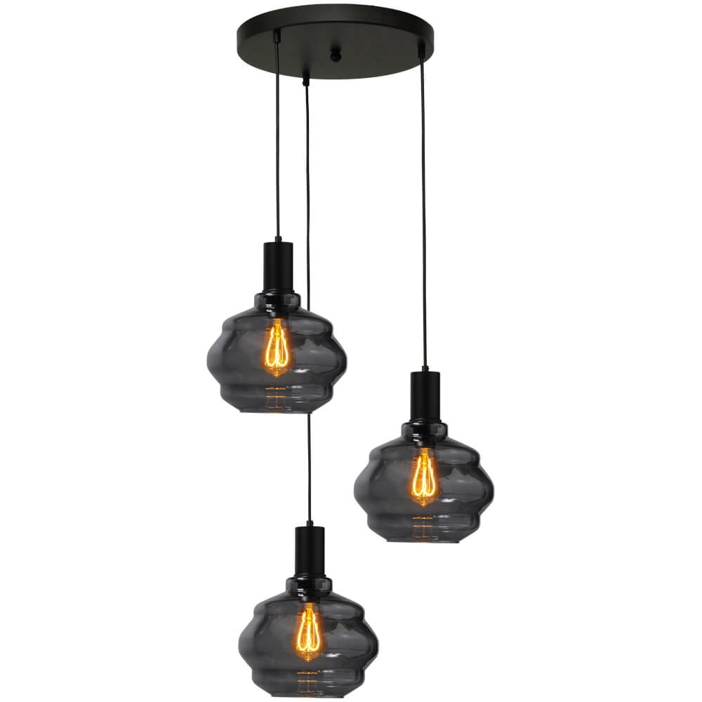 3-lichts vide hanglamp - zwart - Porto met Ball smoke glazen - Ø 24cm