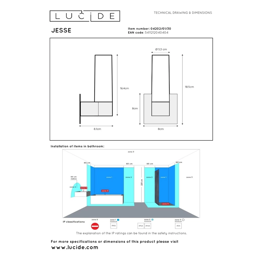 Design wandlamp Jesse enkel IP44 geschikt voor badkamer Lucide 5411212040404