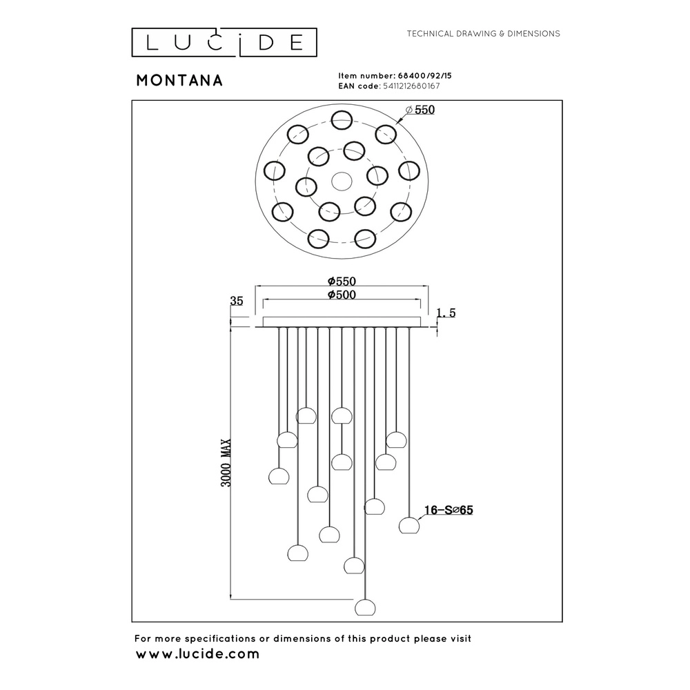 Design vide hanglamp Montana 16-lichts grijs Premium by Lucide 5411212680167