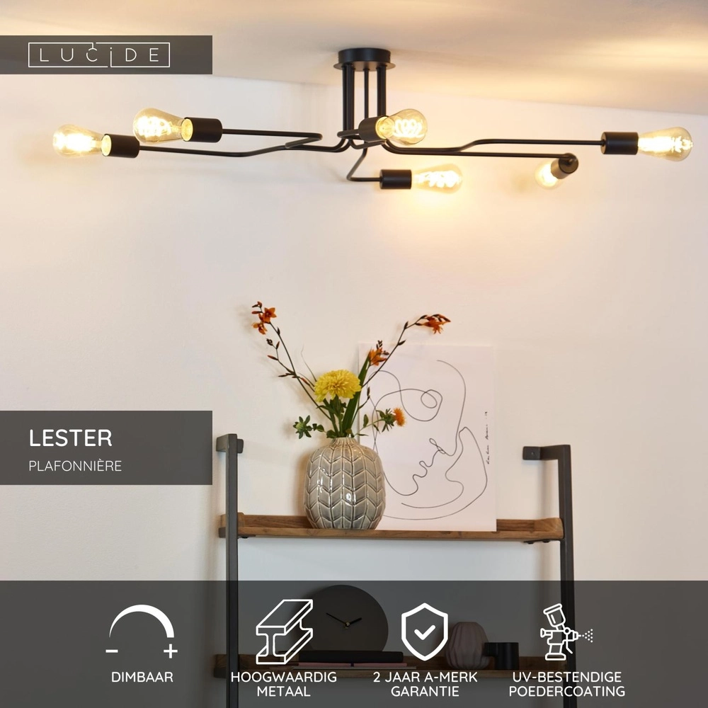 Plafondlamp Lester 6-lichts zwart Lucide 5411212210890