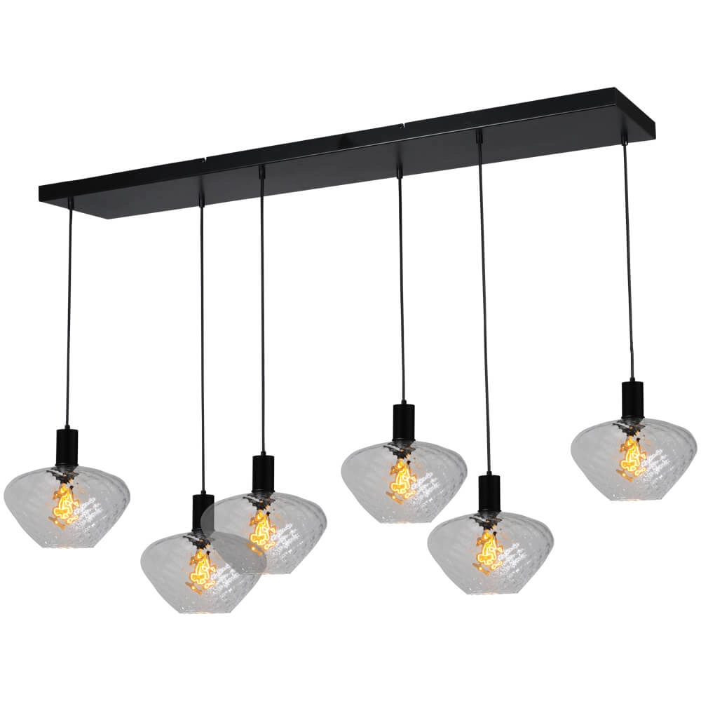 6-lichts hanglamp - zwart - Porto met Blossom clear glazen