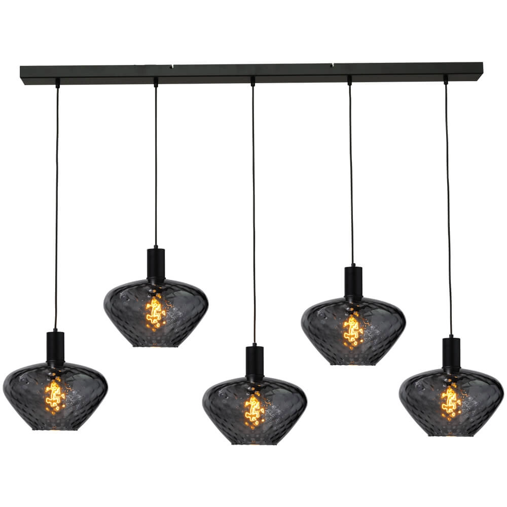 5-lichts hanglamp - zwart - Porto met Blossom smoke glazen