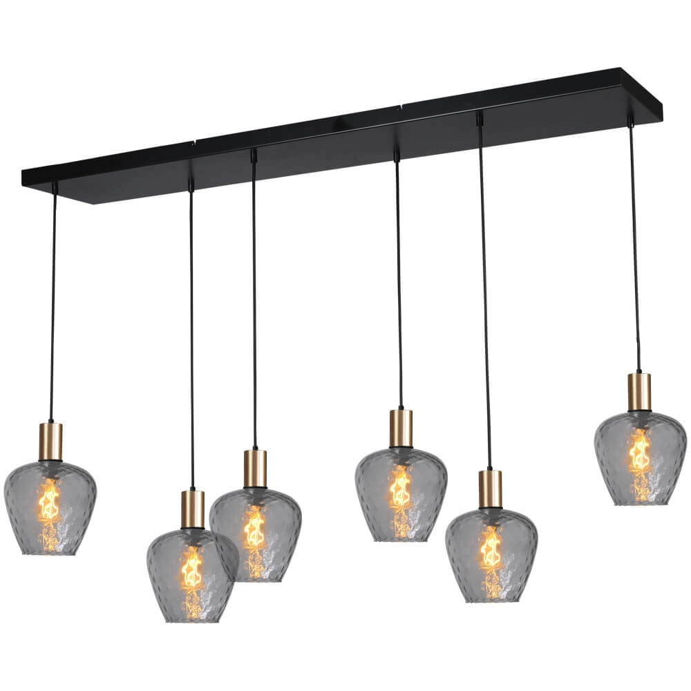 6-lichts hanglamp - goud - Porto met Diamond smoke glazen