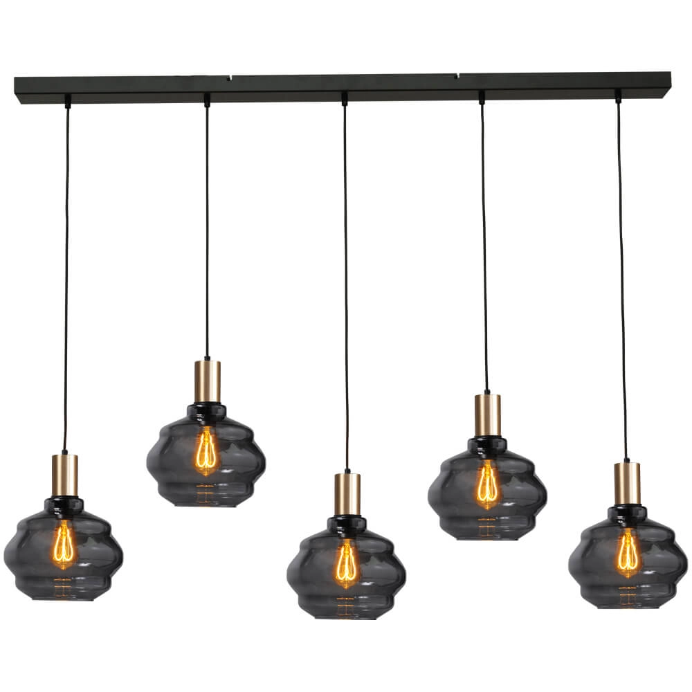 5-lichts hanglamp - goud - Porto met Ball smoke glazen - Ø 24cm