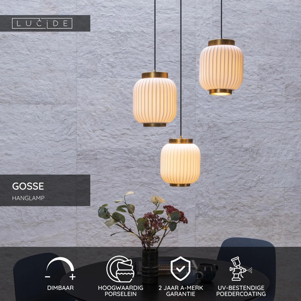 Design hanglamp Gosse 3-lichts goud met wit Lucide 5411212134189