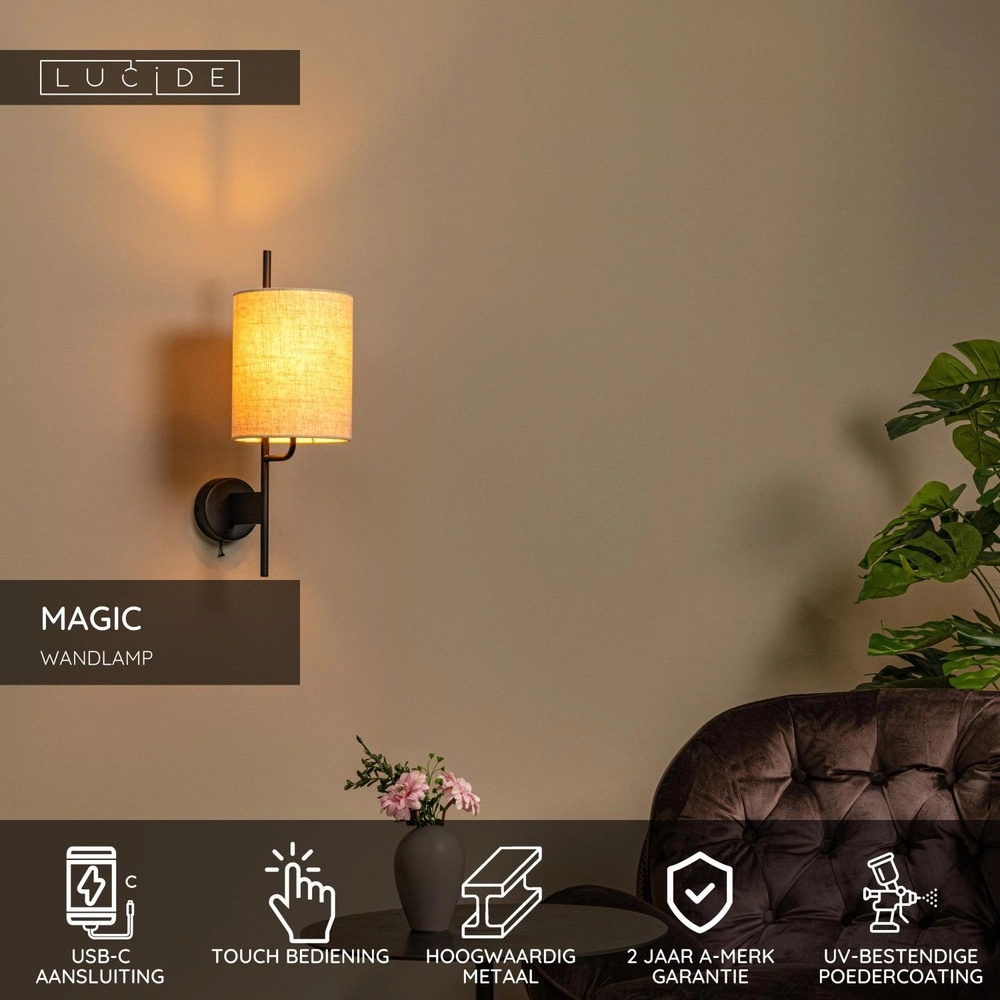 Wandlamp Magic zwart met USB oplaadpunt Lucide 5411212680051