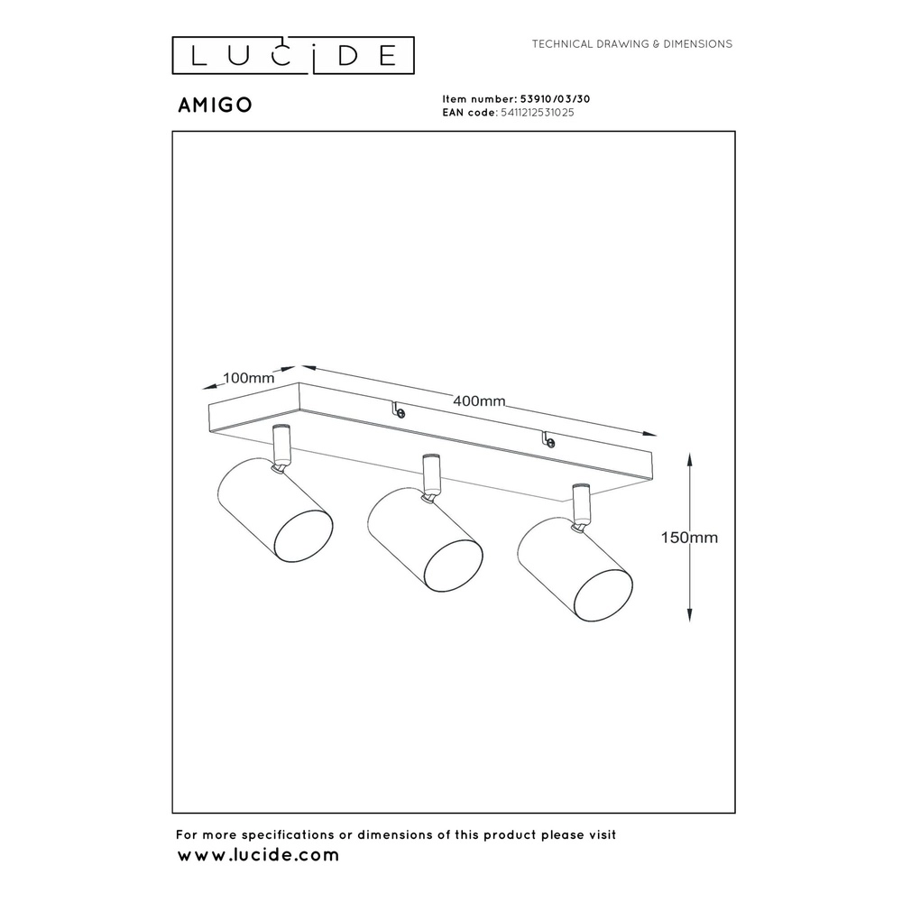 Plafondlamp Amigo 3-lichts zwart Lucide 5411212531025