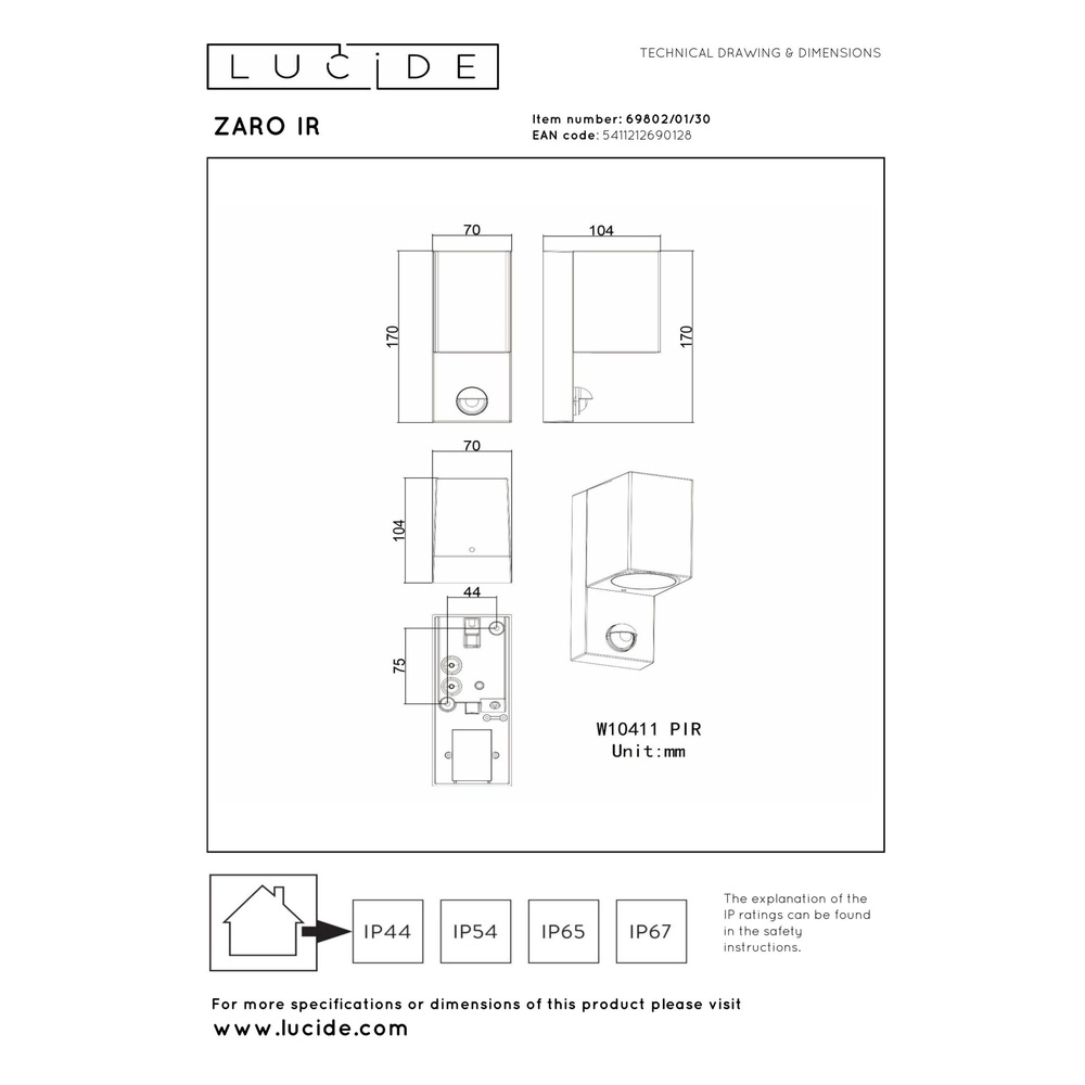 Design wandspot Zaro enkel zwart met sensor Lucide 5411212690128