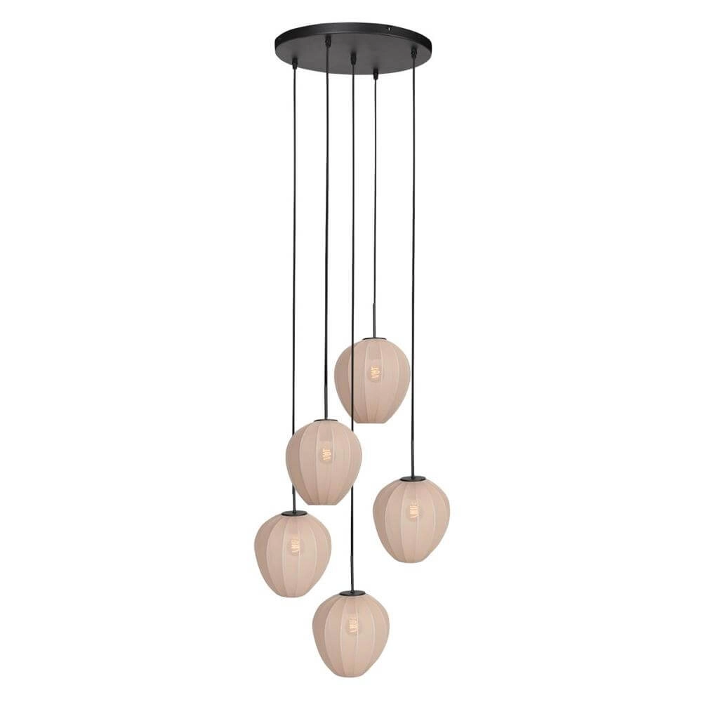 5-lichts hanglamp HaloSwap rond zwart en crème kappen