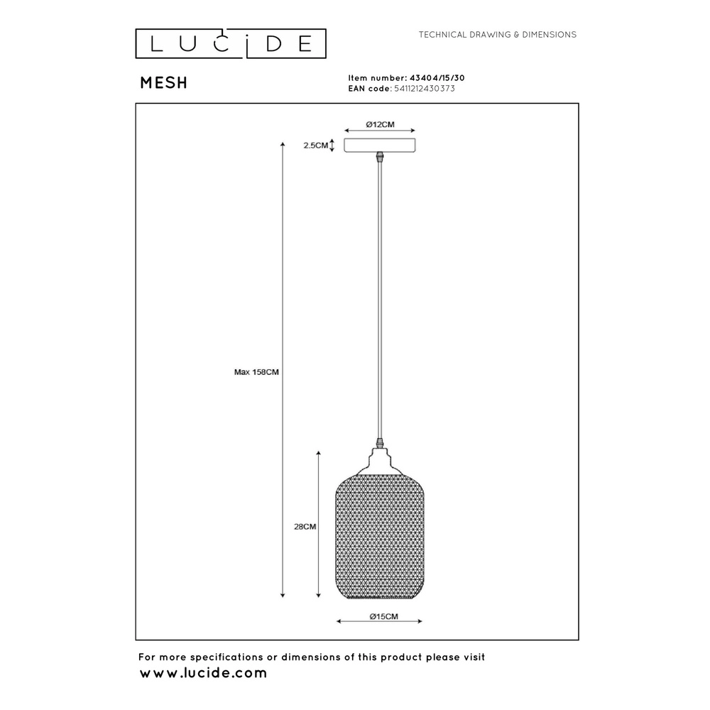 Gaas hanglamp Mesh Ø 15cm zwart Lucide 5411212430373