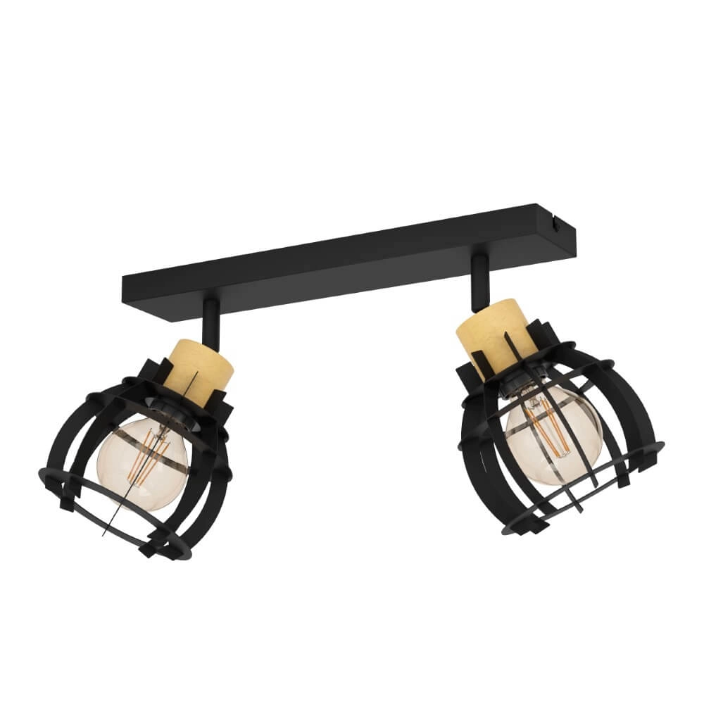2-lichts plafondlamp Stillington 1 zwart met hout