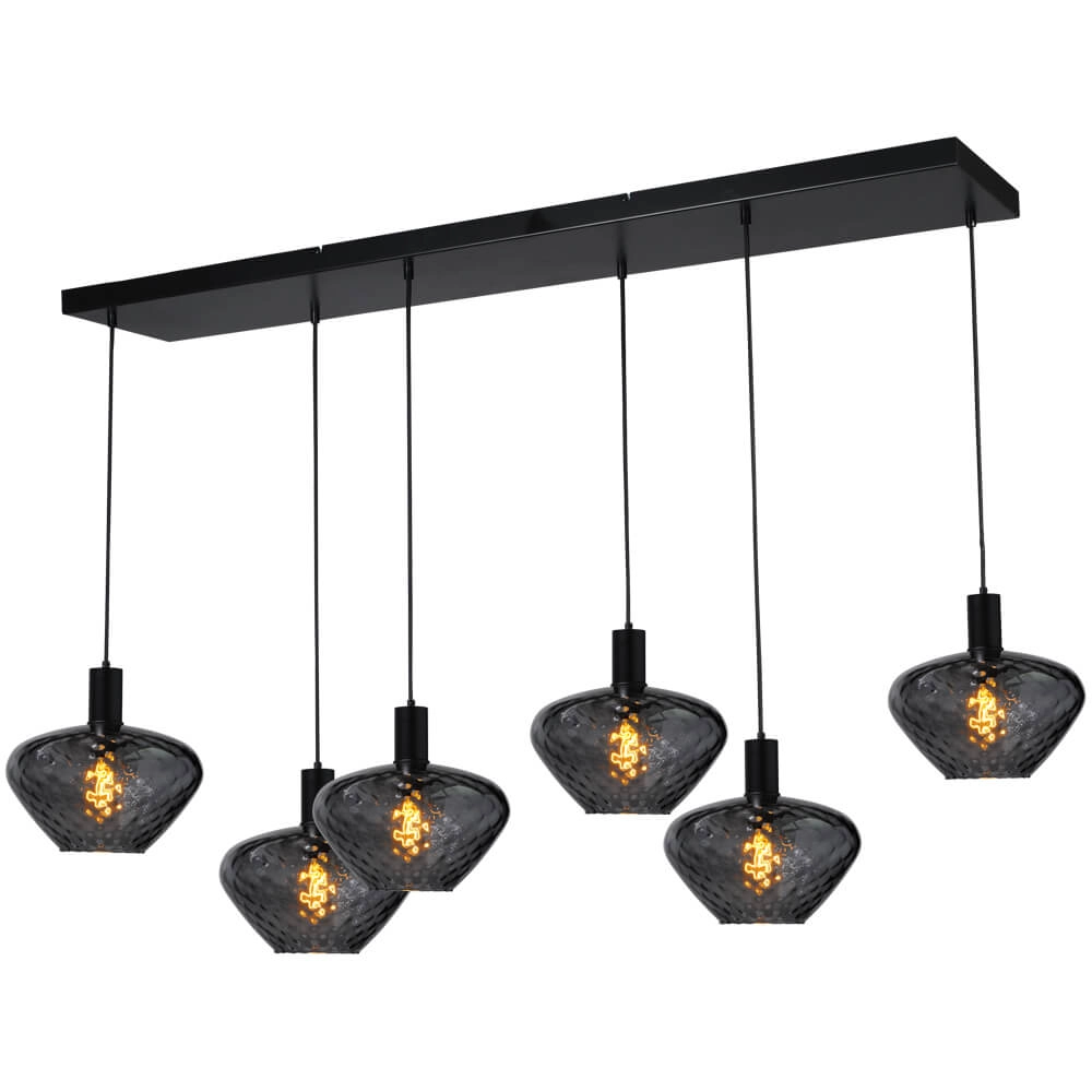 6-lichts hanglamp - zwart - Porto met Blossom smoke glazen