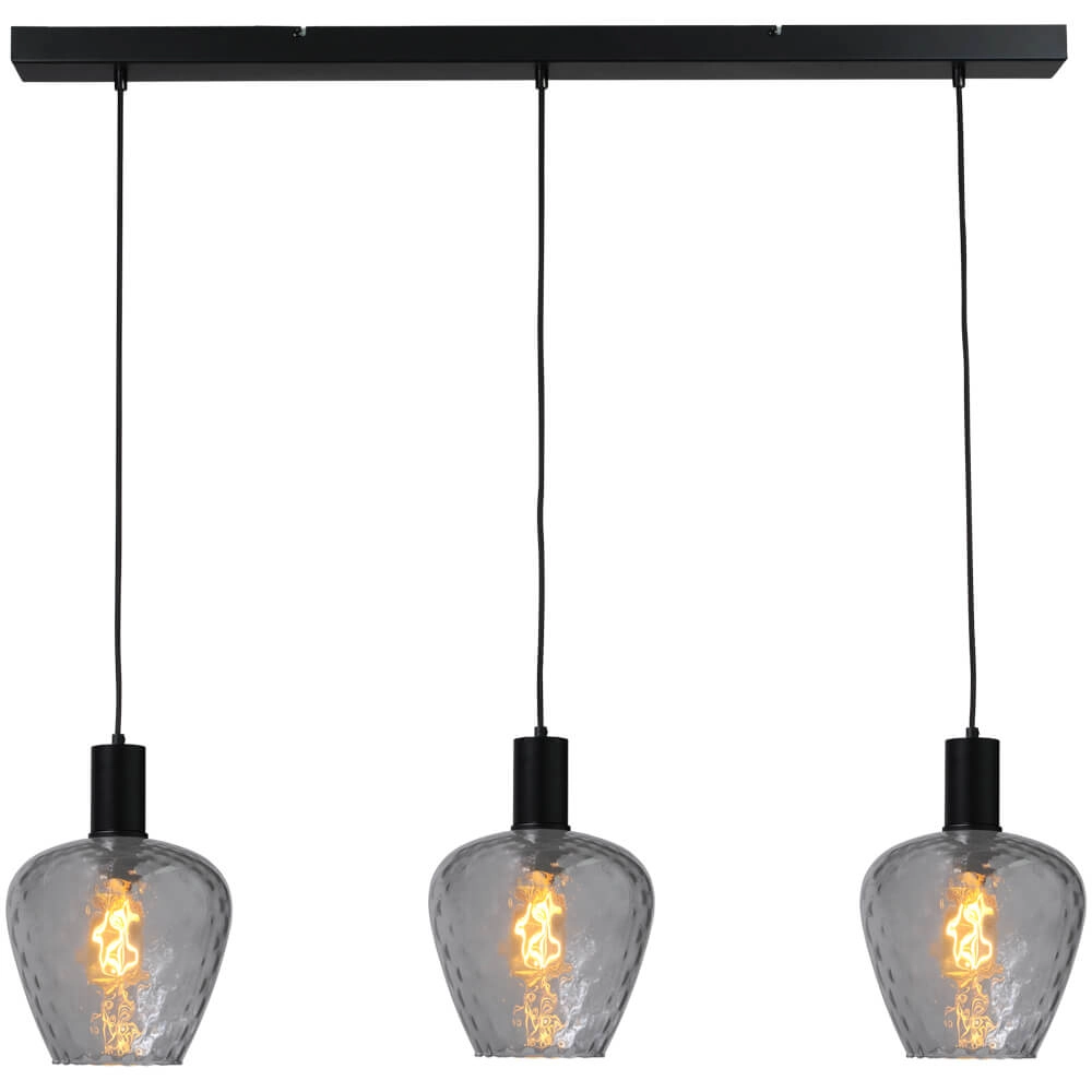 3-lichts hanglamp - zwart - Porto met Diamond smoke glazen
