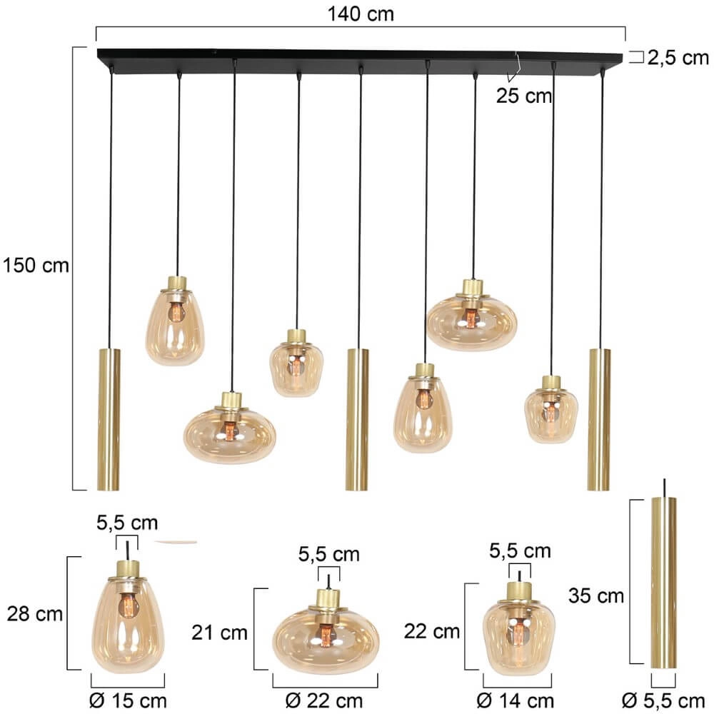 Eettafel hanglamp Reflexion goud met amberglas Steinhauer 8712746172966