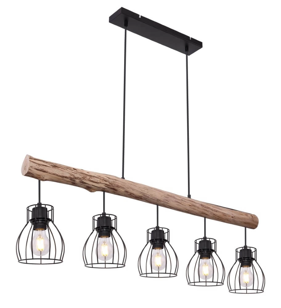 Hanglamp Mina zwart met hout 5-lichts