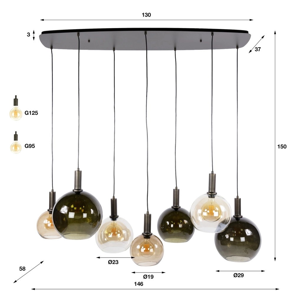 Design hanglamp Moka 7-lichts zand bruin met bruin glas Lyora 8716803514881