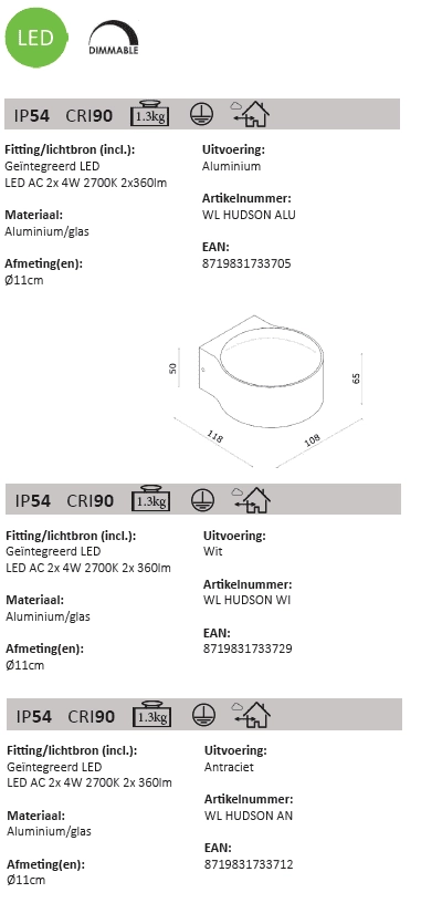Design wandspot Hudson 11cm - RVS Artdelight 8719831733705