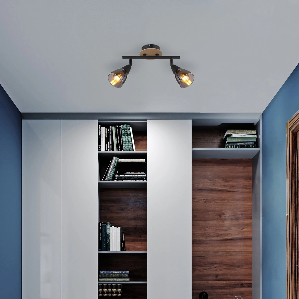 2-lichts plafondlamp Mubby zwart met houtlook Globo 9007371445868