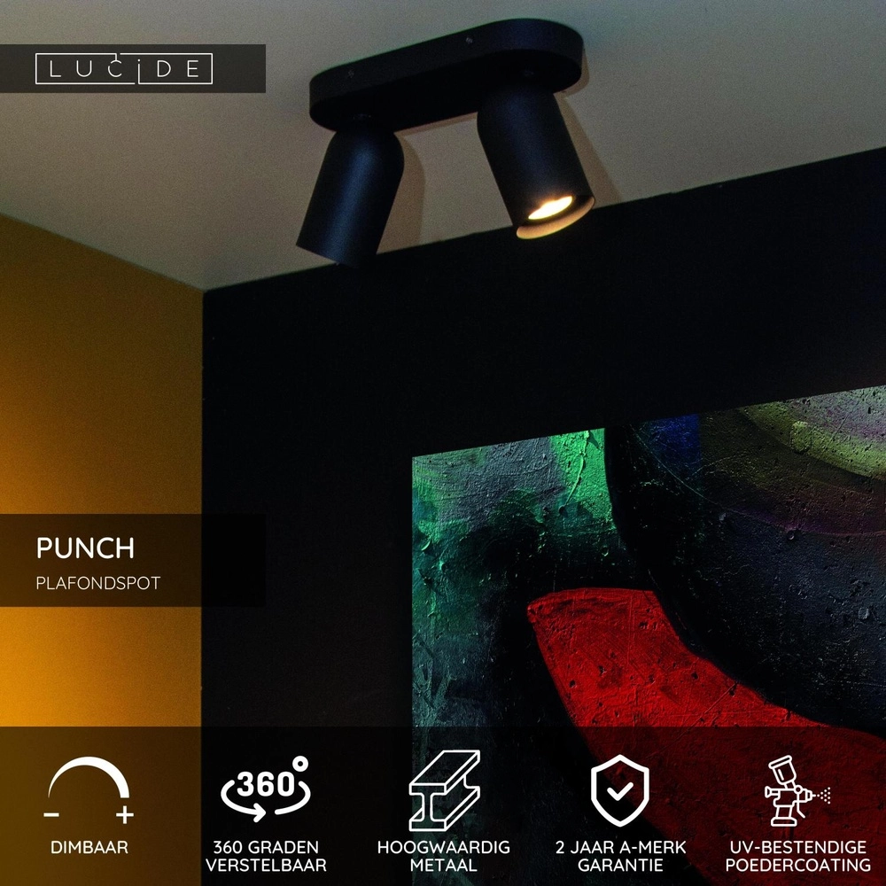 Plafondspot Punch 2-lichts zwart Lucide 5411212134325