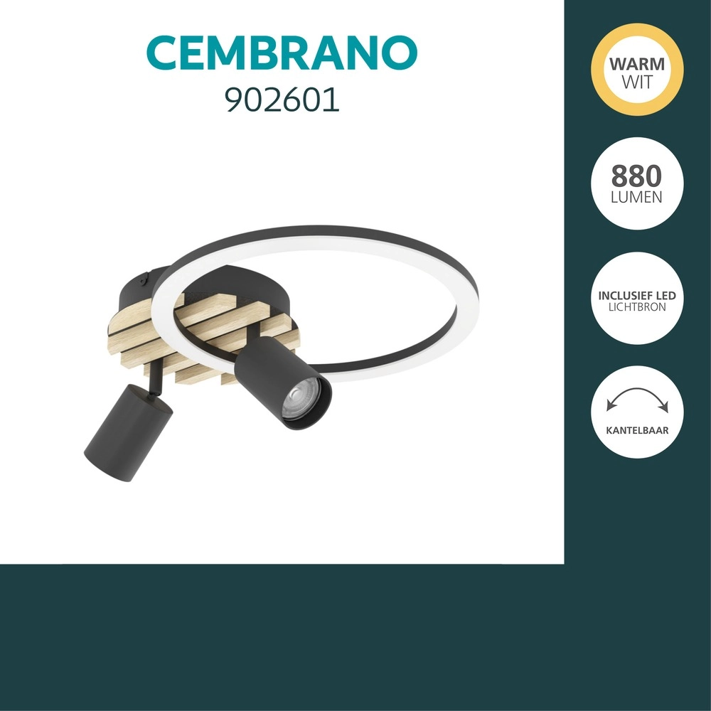 Moderne plafondlamp Cembrano zwart met hout 38,5 x 30cm Eglo 9008606388257