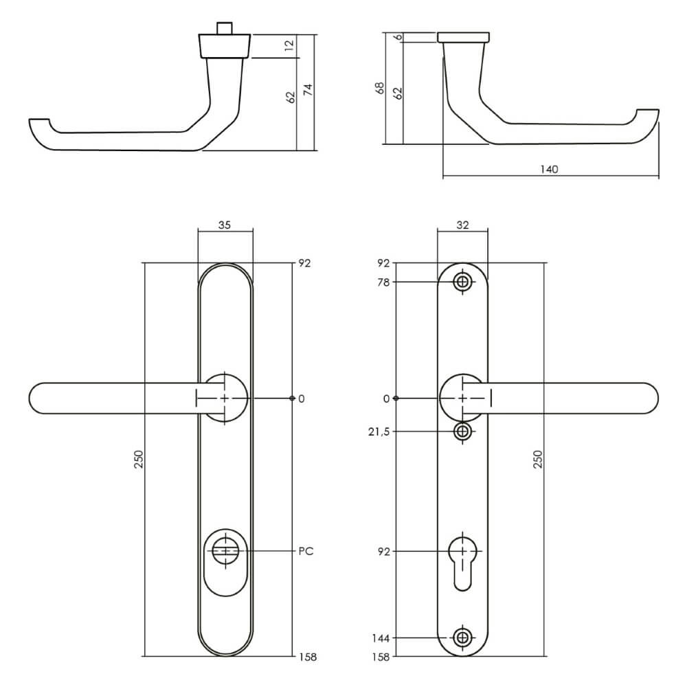 Smal achterdeurbeslag Aurano PC 92mm zwart Intersteel 8714186534731