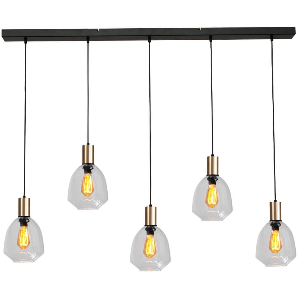 5-lichts hanglamp - goud - Porto met Nicolette clear glazen