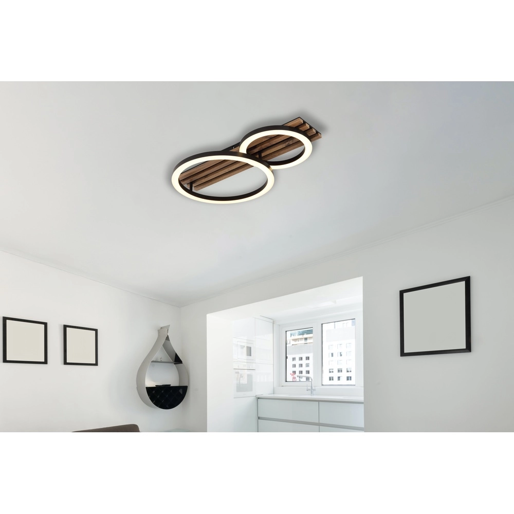 Plafondlamp Tisha 2 ringen zwart met hout Globo 9007371525577