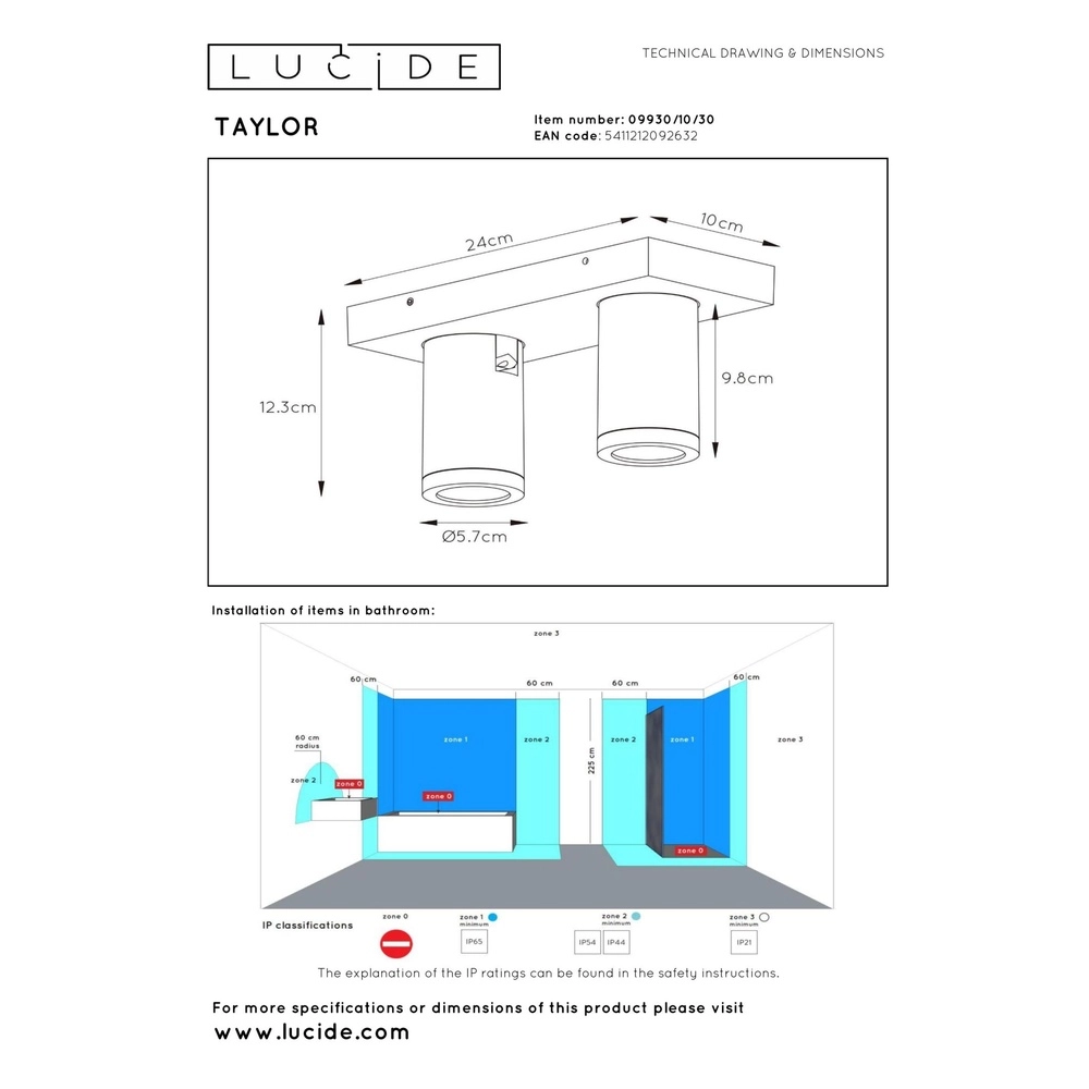 Plafondspot Taylor IP44 2-lichts zwart Lucide 5411212092632